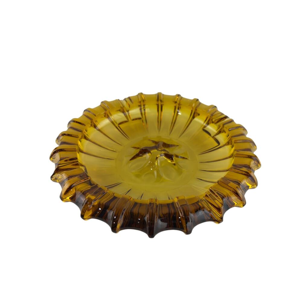 Vintage Amber Pressed Glass Ribbed Ashtray 10 Inch Raised Dome Center
